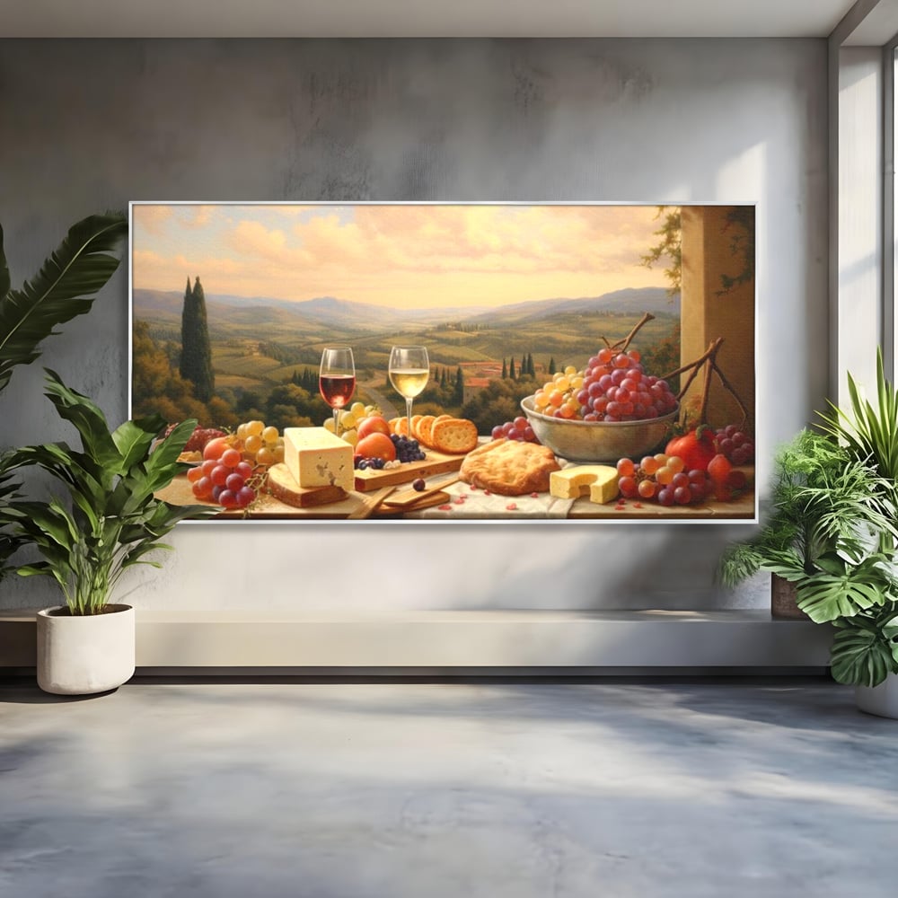 Tablou canvas cu tablou canvas cu peisaj tomnatic si masa imbelsugata, in rama de aluminiu argintiu